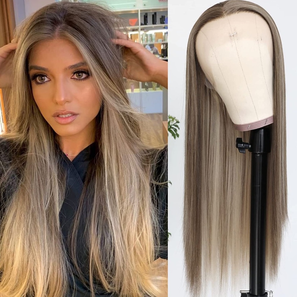 💫 24” ASH BLONDE BROWN HIGHLIGHT STRAIGHT LACE FRONT WIG💫 *NEW